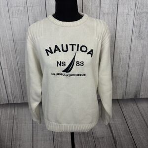 Nautica Women's Large Cream Large Spellout Knitted Crewneck Sweater